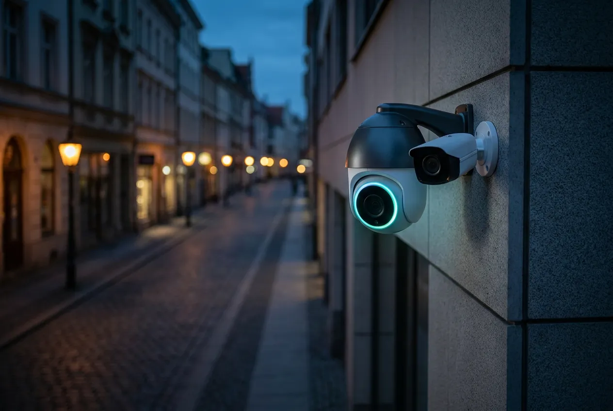 Videoüberwachung Wien — moderne Überwachungskamera an einer Gebäudefassade in der Abenddämmerung