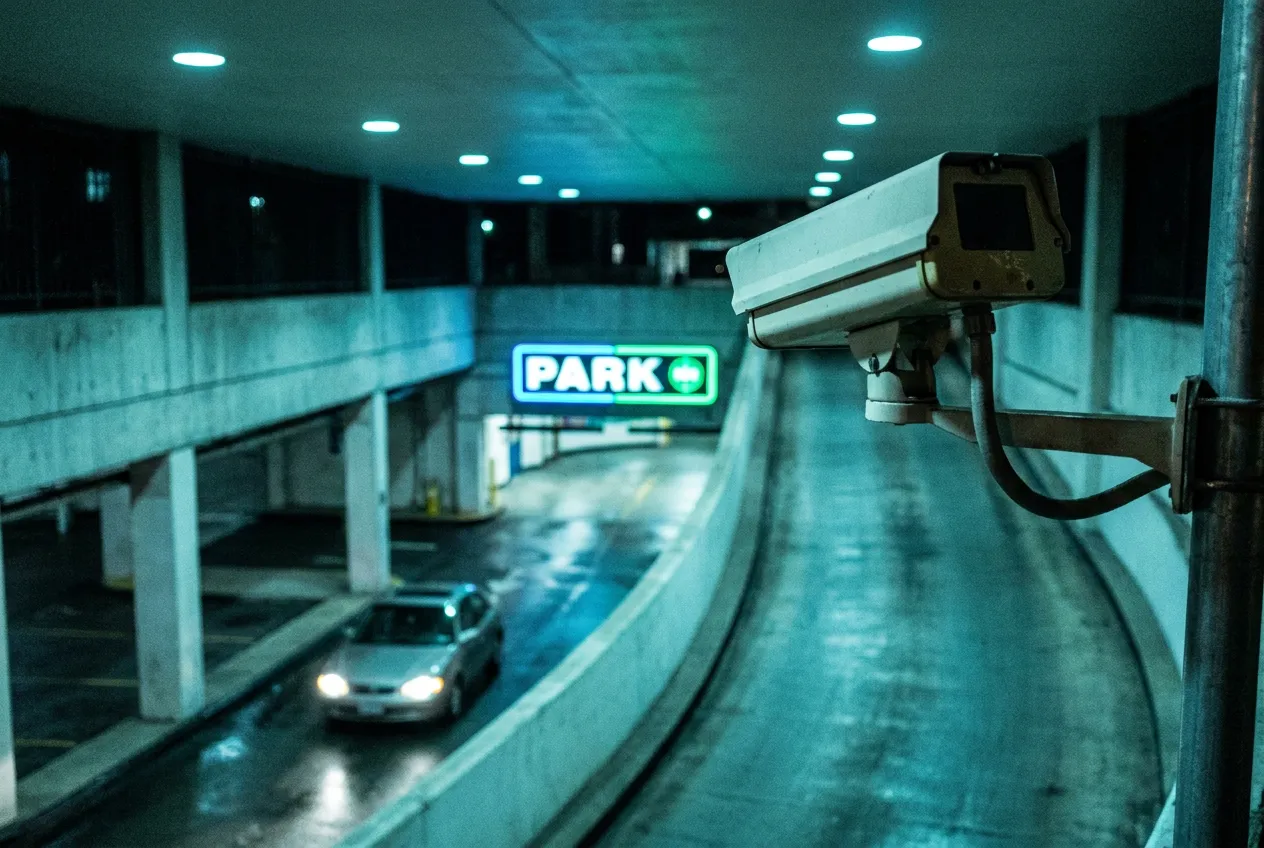 Überwachungskamera an einer Tiefgarageneinfahrt bei Nacht in Wien